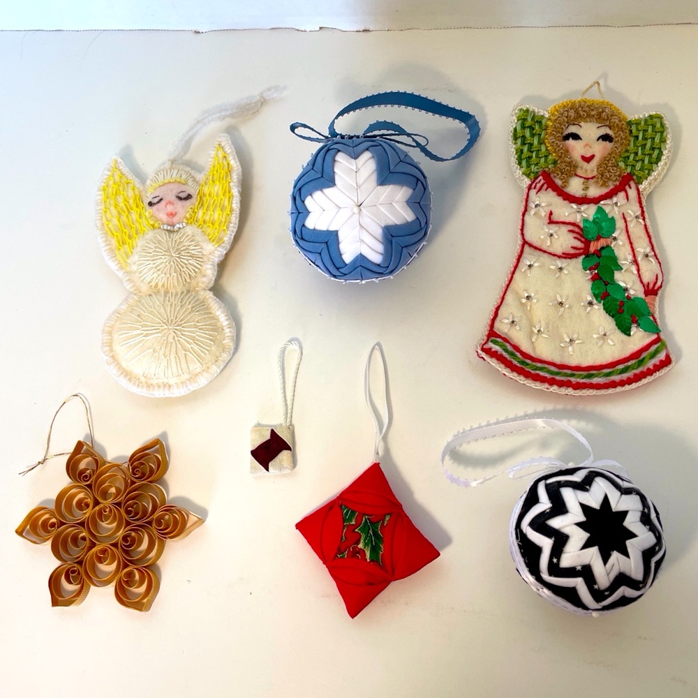 Handmade Christmas Ornaments: 2 Embroidered Angels, 4 Quilted, 1 Wood lot of 7